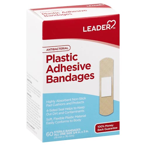 Image for Leader Adhesive Bandages, Antibacterial, Plastic, All One Size,60ea from Theatre Pharmacy