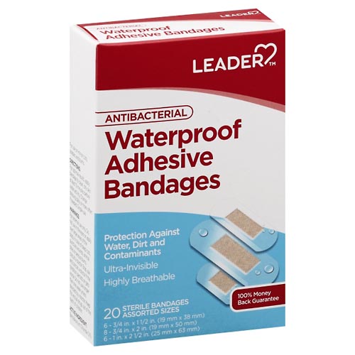 Image for Leader Adhesive Bandages, Antibacterial, Waterproof, Assorted Sizes,20ea from Theatre Pharmacy