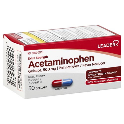 Image for Leader Acetaminophen, Extra Strength, 500 mg, Gelcaps,50ea from Theatre Pharmacy