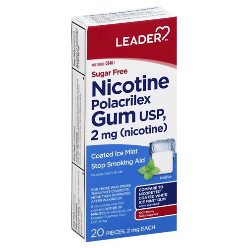 Image for Leader Nicotine Gum, Sugar Free, 2 mg, Stop Smoking Aid, Coated Ice Mint,20ea from Theatre Pharmacy