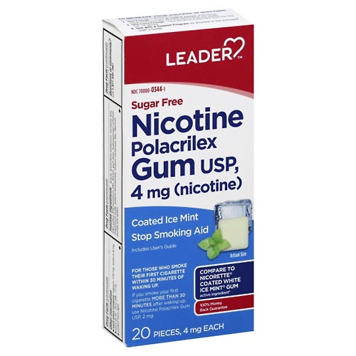 Image for Leader Nicotine Polacrilex Gum, 4 mg, Coated Ice Mint,20ea from Theatre Pharmacy