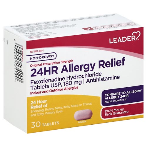 Image for Leader Allergy Relief, 24 Hr, Non-Drowsy, Original Prescription Strength, Tablets,30ea from Theatre Pharmacy