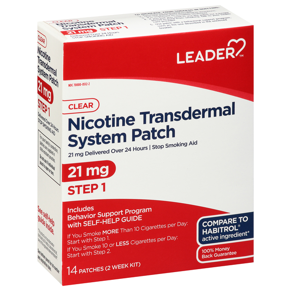 Image for Leader Stop Smoking Aid, 21 mg, Patch, Step 1, Clear, 14ea from Theatre Pharmacy