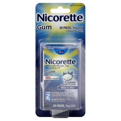 Image for Nicorette Stop Smoking Aid, 2 mg, Gum, White Ice Mint, Pocket Pack,20ea from Theatre Pharmacy