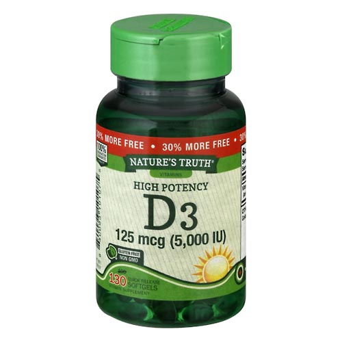 Image for Natures Truth Vitamin D3, 5000 IU, Quick Release Softgels,130ea from Theatre Pharmacy